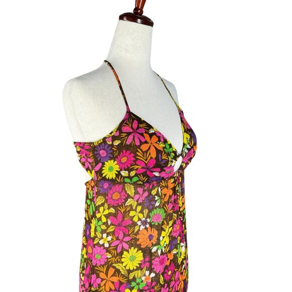90s Free People Dress 2 Floral Halter Maxi Linen Cotton Festival Boho Summer - Picture 5 of 13